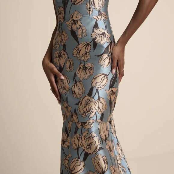 NWT Lulus Gowning Around Slate Blue Floral Jacquard Strapless Maxi Dress - Picture 2 of 6